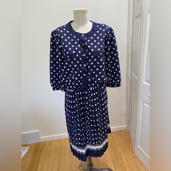 American Vintage Dresses & Skirts - VINTAGE Polka Dot Dress 80s Does 40s Pleated Skirt Navy Made in USA Size XL